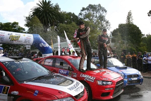 Tom Wilde and Leigh Teirney after winning their home event in the Pedders Evo 10 Lancer