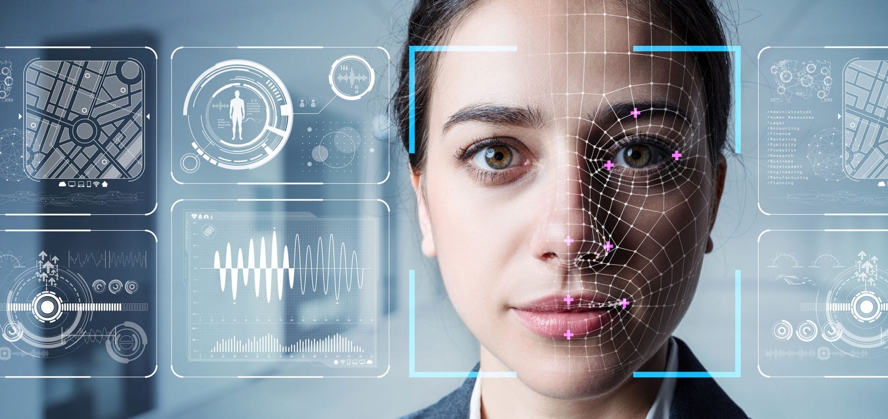 Authentication by facial recognition concept. Biometric. Security system.