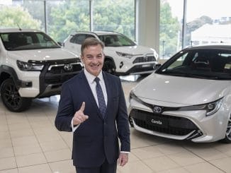 Toyota Australia President & CEO Matthew Callachor with Australia’s top selling vehicle for 2020 Toyota HiLux, top selling passenger vehicle Toyota Corolla and top selling SUV Toyota RAV4.