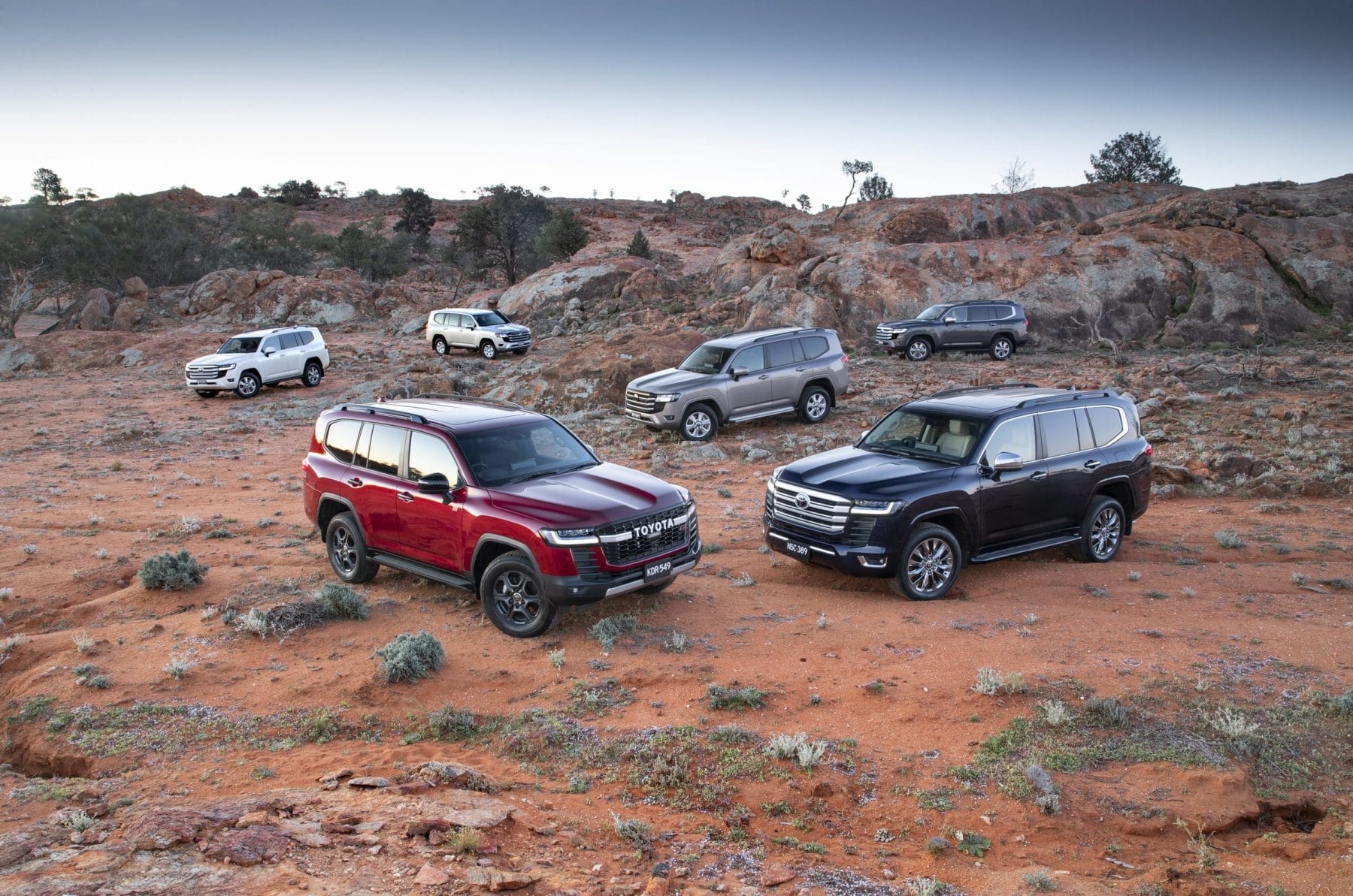 2021 Toyota LandCruiser 300 Series range (L-R) VX, GX, GR Sport, GXL, Sahara and Sahara ZX.