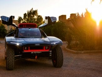The Audi RS Q e-tron during testing in Morocco for the Dakar Rally.