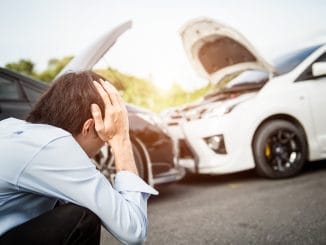 man driver man in front of automobile crash car collision accident in city road.