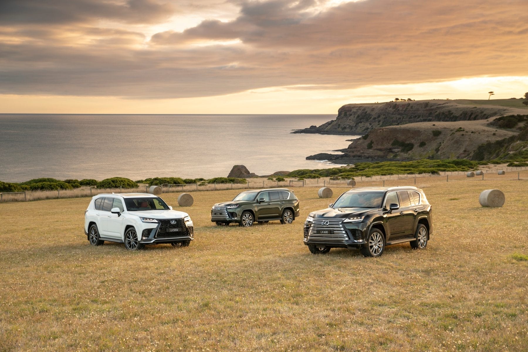 2022 Lexus LX range, LX 500d F Sport (White Nova), LX 500d (Khaki Metal) and LX 600 Ultra Luxury (Graphite Black)