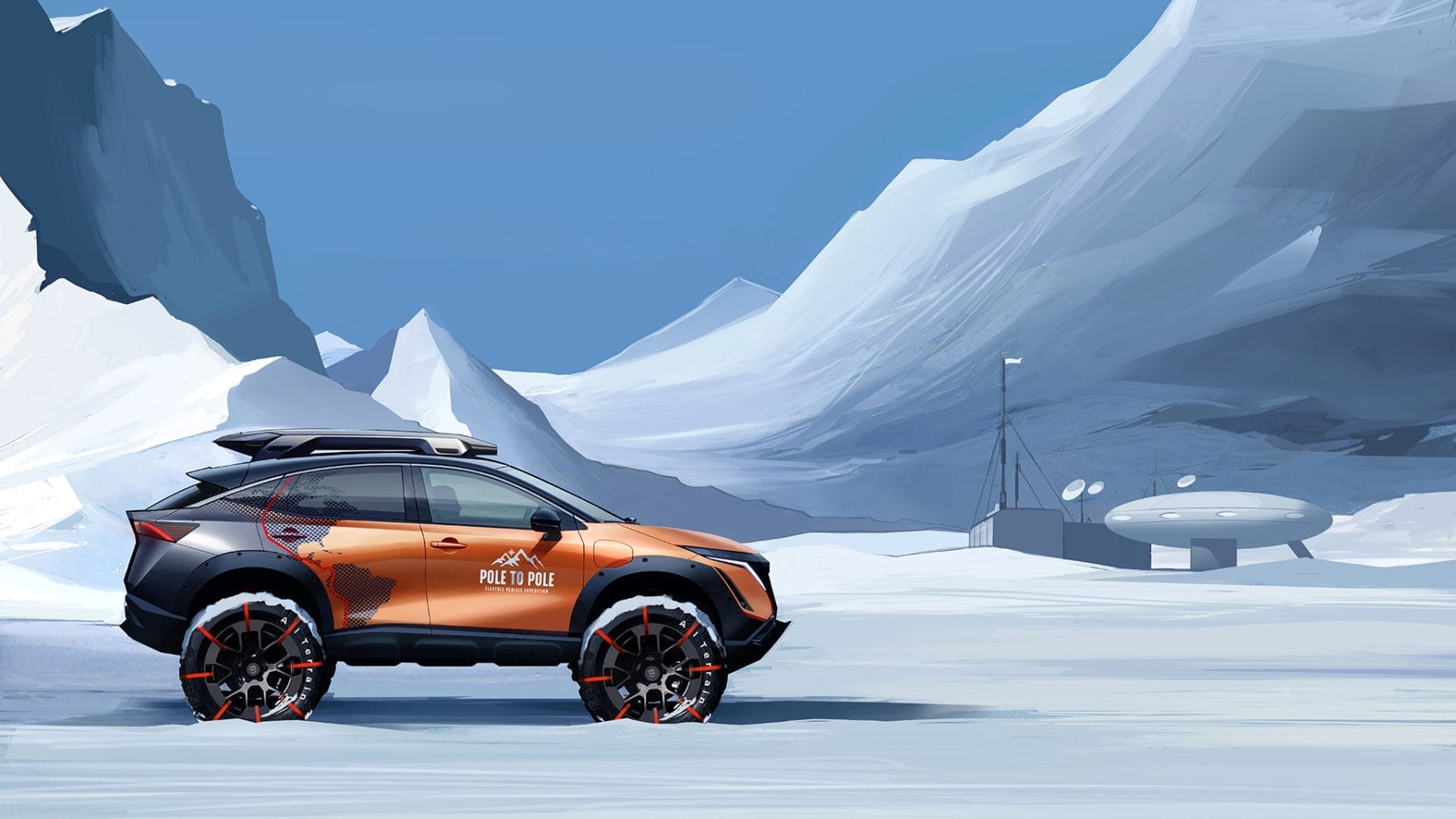 Pole to Pole expedition Nissan Ariya e-4ORCE illustration